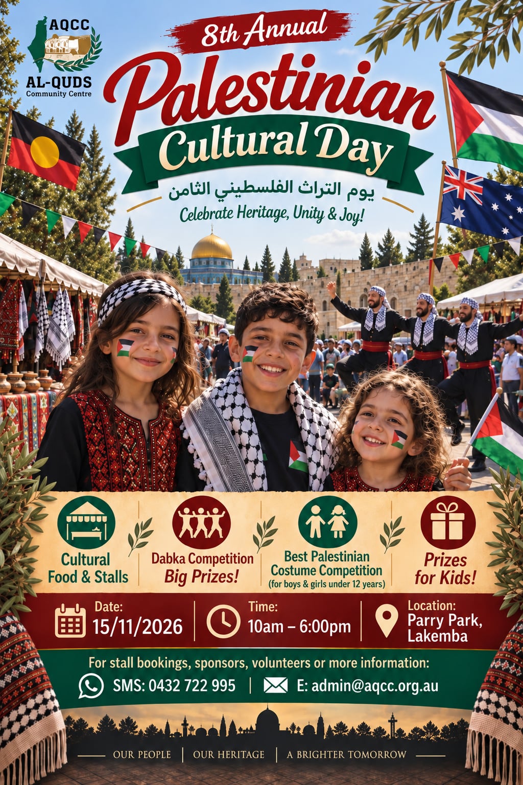 The 8th Annual Palestinian Cultural Day poster: Sunday 15 November 2026, 10am - 6pm, Parry Park, Lakemba. Cultural food and stalls, the Dabka competition, the Best Palestinian Costume Competition for boys and girls under 12, and prizes for kids.